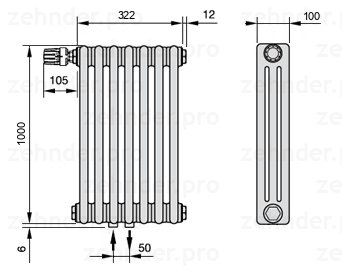 Схема (чертеж) Радиатор Zehnder Charleston 3100/7 №V007 Белый глянцевый RAL 9016
